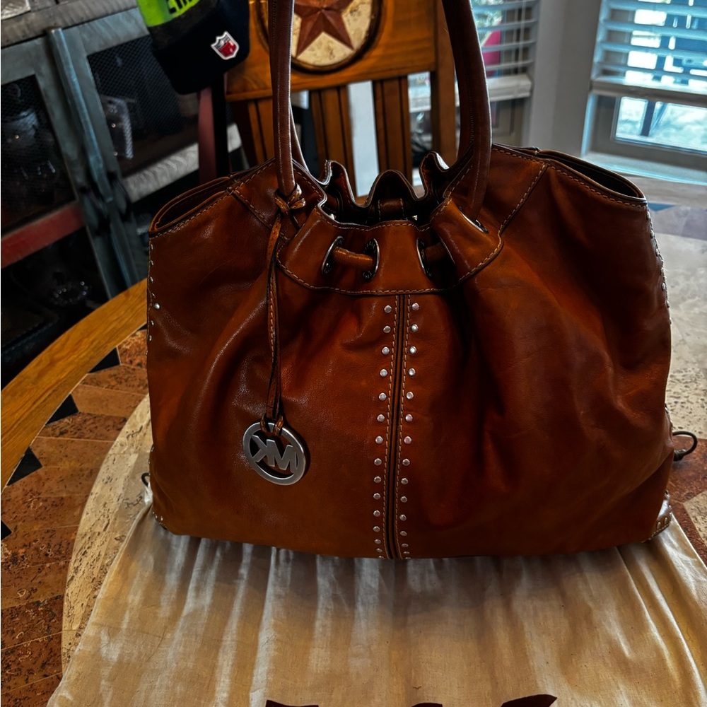 Michael Kors Brown Leather Studded Tote • Soft Leather • MK Charm - Picture 4 of 9